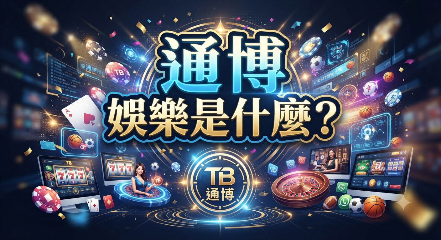 這張圖片展現了充滿科技感與娛樂氛圍的博弈場景,中央以醒目的字體標示出主題「通博娛樂是什麼?」。 周圍環繞著精緻的賭場元素、數位顯示介面及運動博弈圖標,營造出高端且引人注目的視覺體驗。