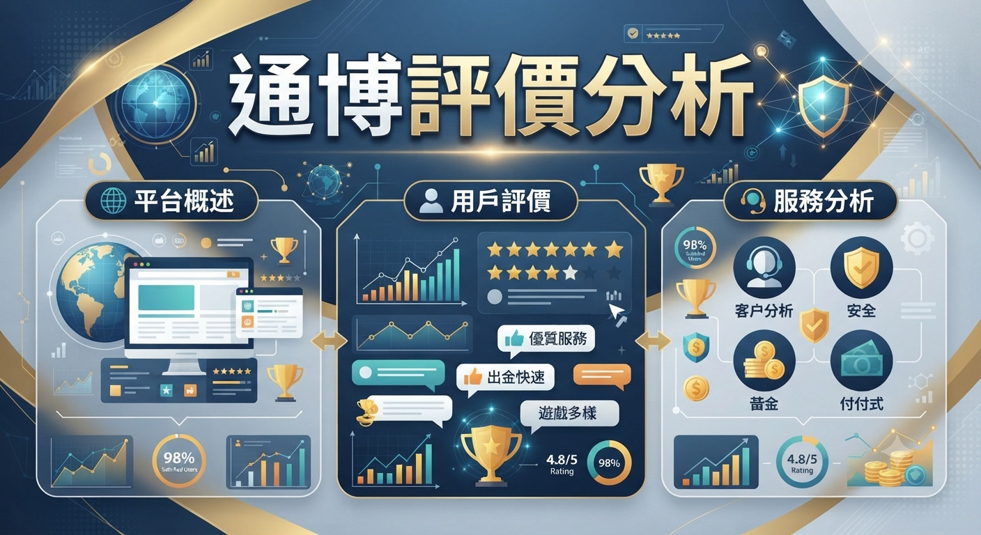 這是一張關於「通博評價分析」的資訊圖表,採用科技感與數據化的設計風格。 圖中整合了平台概況、用戶評分與服務分析的視覺化統計數據,整體配色專業且清晰。