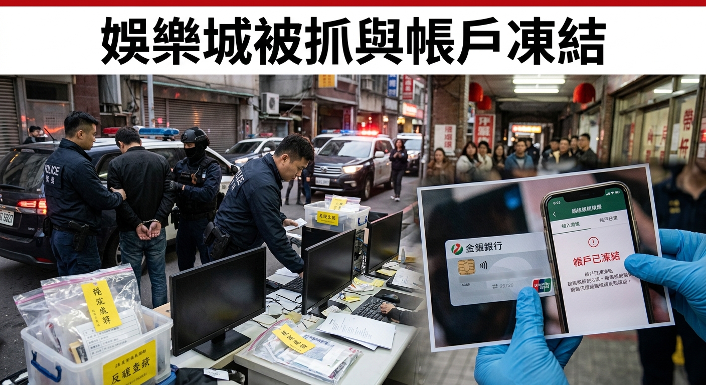 畫面左側為警方打擊非法娛樂城的執法與搜查現場,右側展示銀行卡與手機顯示「帳戶已凍結」的提示頁面。 上方配有清晰標題「娛樂城被抓與帳戶凍結」,直觀呈現違法線上賭博引發的法律調查與資金凍結風險。