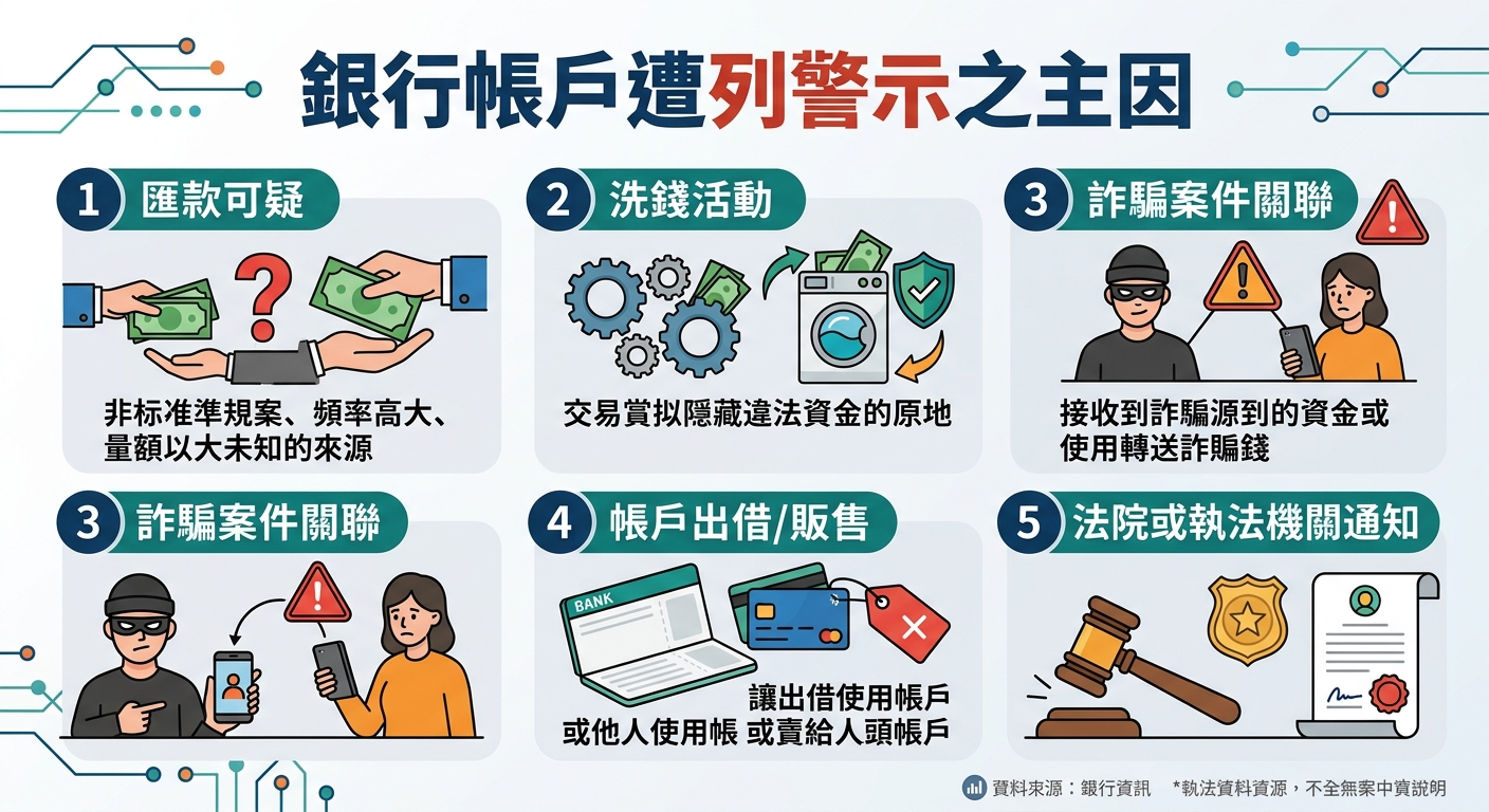 這張圖表詳細列出銀行帳戶被列為警示帳戶的主要原因，包括可疑匯款、洗錢活動、涉及詐騙案件、帳戶出租或販售，以及法院或執法機關通知。 畫面採用圖文並茂的微扁平風格，透過簡明圖示與步驟編號，清楚傳達金融安全與法規監管的核心觀念。