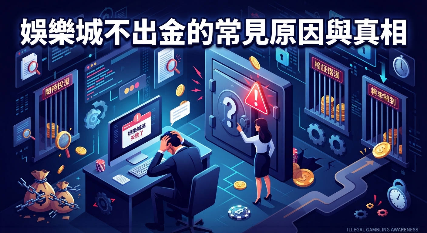 這是一張關於「娛樂城不出金的常見原因與真相」主題的圖片,畫面展示了使用者面臨帳戶受阻與資金被鎖的困擾。 圖片整體採用暗色調設計,突顯出網路博弈與線上娛樂城風險的嚴肅性與警示意味。