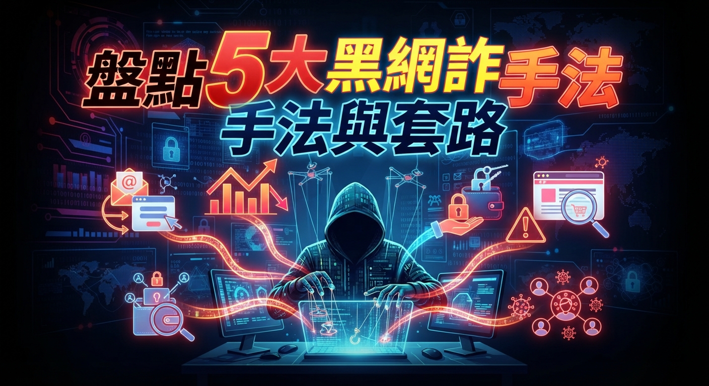這是一張以「盤點5大黑網詐騙手法與套路」為主題的資訊圖表背景。 畫面中央是一名戴著連帽斗篷的駭客正在操作電腦,周圍環繞著各種網路安全與科技元素的圖示。